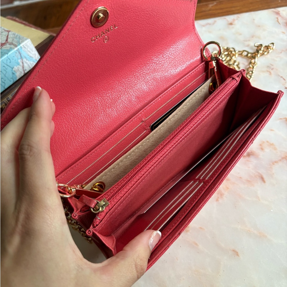 Chanel Pink and Gold Quilted Chevron Wallet with Chain WOC - Picture 11 of 12
